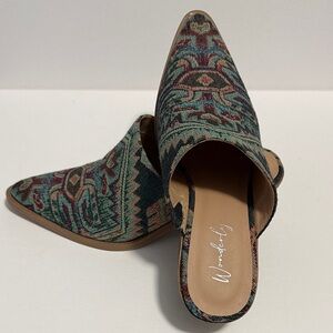 Wonderly Green and Brown Patterned Women's Mules